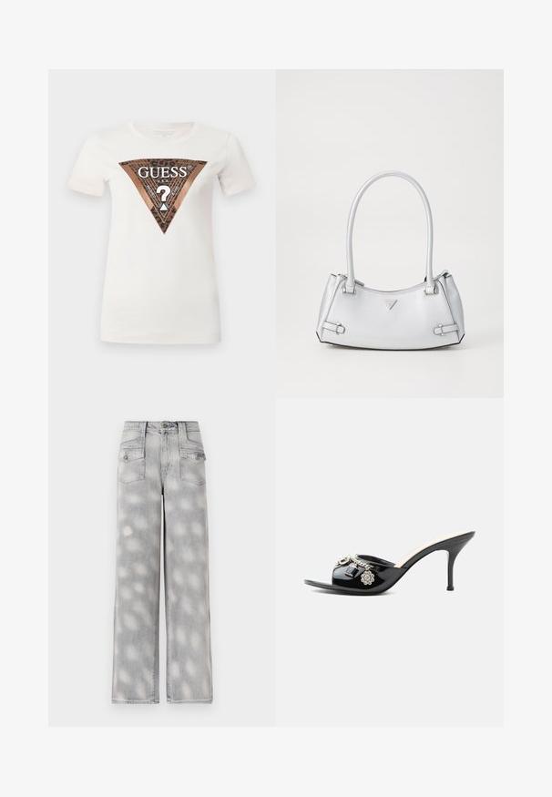 Camiseta de algodón blanca con un gran gráfico triangular en marrón y negro que presenta un diseño de ojal y el texto "GUESS U.S.A." en el centro.; Vaqueros de mezclilla de tiro alto en gris claro, con perneras anchas, cuatro bolsillos y un patrón desgastado para un ajuste relajado.; Mule de charol negro de tacón alto con punta abierta y adornos decorativos plateados, incluyendo una flor y un candado en la tira delantera.; Bolso de mano plateado con un diseño estructurado, que cuenta con dos asas, textura brillante, herrajes de acento y un logo triangular en la parte frontal.
