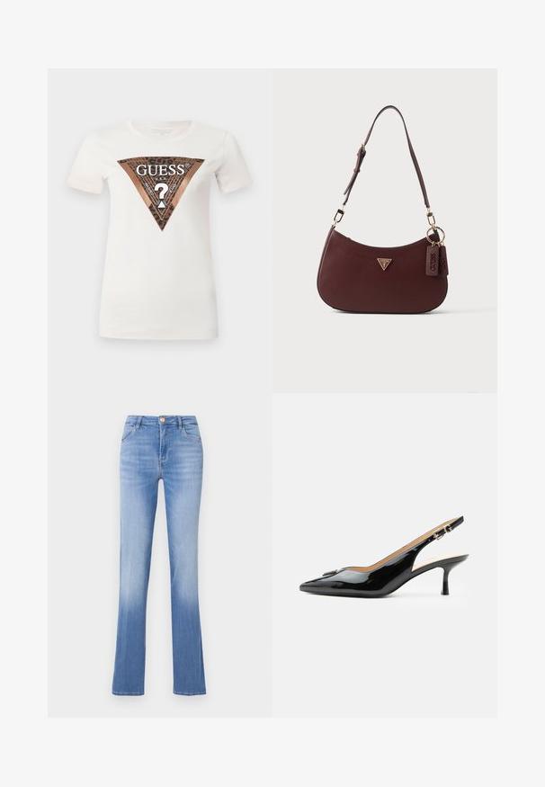 Camiseta de algodón blanca con un gran gráfico triangular en marrón y negro que presenta un diseño de ojal y el texto "GUESS U.S.A." en el centro.; Jeans de denim azul claro con forma acampanada, diseño de cinco bolsillos y cierre frontal de botón. Desgastados en el dobladillo para un efecto degradado.; Tacón slingback de charol negro con puntera puntiaguda, tacón pequeño tipo kitten y correa con hebilla plateada sobre un fondo blanco liso.; Bolso bandolera de cuero marrón oscuro con textura, correa ajustable, logotipo triangular de Guess y dos etiquetas de cuero colgantes en anillas doradas.