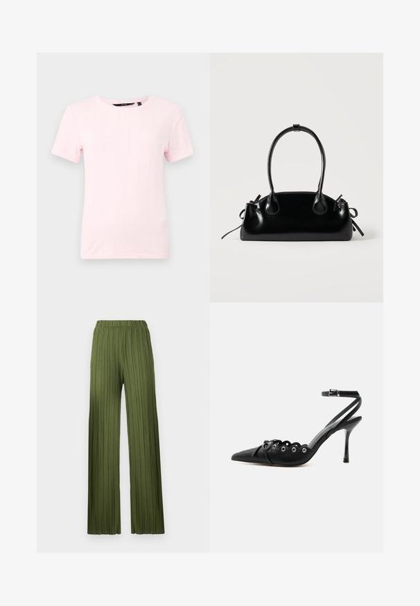 T-shirt à manches courtes, rose clair, en tissu tricoté texturé avec un col rond et un motif à rainures verticales.; Pantalons large plissés verts avec une taille élastique. Le tissu texturé présente des rayures verticales pour une apparence fluide.; Chaussure à talon haut noire à bout pointu, bords festonnés, œillets métalliques, lacets à l'avant et bride de cheville avec fermeture à boucle.; Petit sac à main noir brillant avec deux longues anses et des détails à cordon sur les côtés sur un fond clair uni.