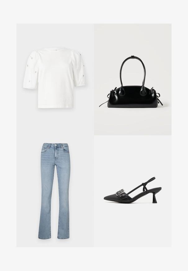 Hvid bomulds t-shirt med korte puffærmer, med små sølv detaljer langs ærmerne. Klassisk rund halsudskæring, afslappet pasform.; Lyseblå denim flared jeans med høj talje, der har lynlås- og knaplukning, fem lommer og diskret falmning langs benene.; Simmi London DALA - Pumps - black; Lille sort blank håndtaske med to lange håndtag og snøre-detaljer i siden på en ensfarvet lys baggrund.