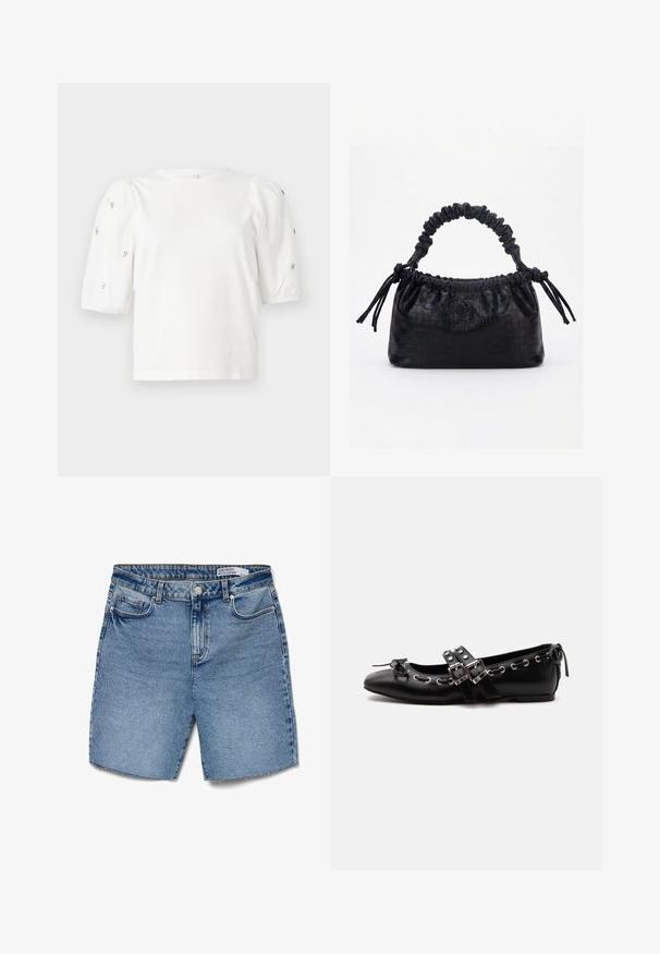 Hvid bomulds t-shirt med korte puffærmer, med små sølv detaljer langs ærmerne. Klassisk rund halsudskæring, afslappet pasform.; Lyseblå denimshorts med høj talje, fem lommer og lige pasform. Har en knaplukning og minimal slidning ved kanten.; Sort flad balletsko med dobbelt spænde, sølvøjer og en lille sløjfe nær den runde tå på en hvid baggrund.; Sort taske med krokodilletekstur, rynket øverste kant, samlet hank og snore med kvaster på hver side mod en hvid baggrund.