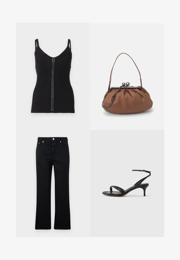 Schwarzes Rippenstrick-Top mit Rundhalsausschnitt, schmalen Trägern und einer vertikalen Reihe von silbernen Nieten entlang der Mittelnaht.; Schwarze Jeans mit geradem Bein, im Fünf-Taschen-Stil, mit Metallbeschlägen und einer weichen Denim-Textur. Minimalistisch und einheitlich in der Farbe.; Schwarze Ledersandale für Damen mit dünnen Riemchen, einer Zehenlasche, einer Knöchelschnalle und einem mittelhohen Stöckelabsatz vor neutralem Hintergrund.; Braune Leder-Handtasche mit gerafftem Design, einem kurzen Ledergriff und einem Kettenriemen. Sie verfügt über einen silbernen Metallverschluss mit zwei runden Akzenten.