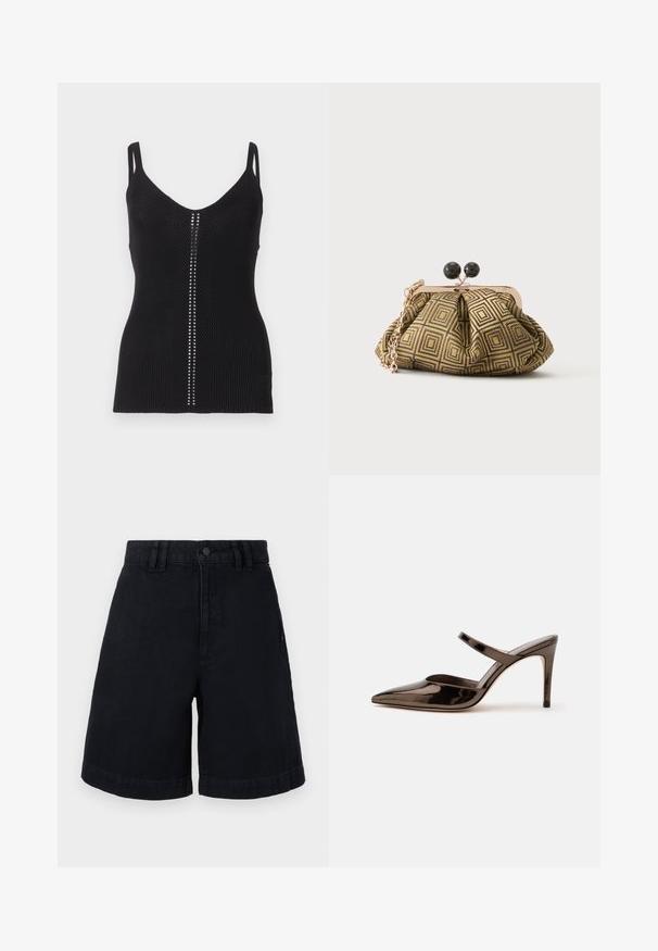 Débardeur noir en maille côtelée avec un décolleté arrondi, des bretelles fines et une rangée verticale de clous argentés le long de la couture centrale.; Shorts en denim noir à coupe droite, avec une fermeture à bouton, des passants de ceinture et des ourlets roulés. Texture lisse avec des détails de couture subtils.; Mule à talon haut marron foncé brillant à bout pointu avec une fine bride sur le coup de pied sur fond blanc uni.; Petite pochette avec motif géométrique doré et noir, cadre en métal doré, fermeture à boule noire et une courte chaîne dorée.