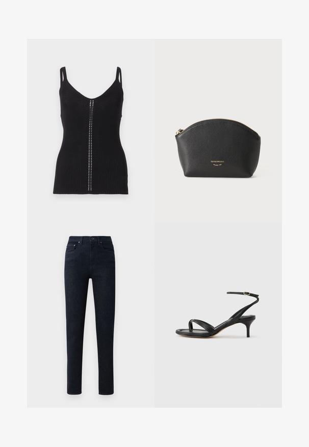 Sort ribstrikket tanktop med en scoop halsudskæring, slanke stropper og en vertikal række af sølvnitter langs midtersømmen.; Mørkeblå denim bukser med lige ben, featuring en knaplukning, fem lommer og subtile stikninger.; Sort damesandal i læder med tynde remme, en tå-loop, ankelspænde og en mellemhøj stiletthæl på en neutral baggrund.; Sort læder kosmetikpung med guldfarvet lynlås og Emporio Armani Milano 1981 guldlogo foran.