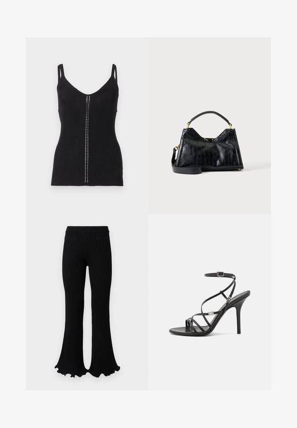 Schwarzes Rippenstrick-Top mit Rundhalsausschnitt, schmalen Trägern und einer vertikalen Reihe von silbernen Nieten entlang der Mittelnaht.; Rabanne Stoffhose - black; Schwarze High-Heel-Sandale mit dünnen Riemen, einem Knöchelverschluss, einer glatten Lederoberfläche und einem schlanken Stiletto-Absatz.; Schwarze Lederhandtasche mit strukturierten vertikalen Linien, kurzem Griff, abnehmbarem langem Riemen und goldfarbenen Metallakzenten auf einfarbigem Hintergrund.