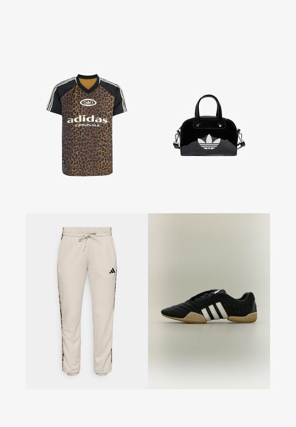 adidas Originals LEO PRINT SATIN - Tričko s potlačou - multicolor bronze strata; Svetlobéžové tepláky vyrobené z mäkkej tkaniny, s pásom na šnúrku a čiernymi bočnými panelmi s leopardím vzorom.; Čierna športová obuv s bielymi pruhmi a béžovou textúrovanou podrážkou na neutrálom pozadí, zobrazená zo strany.; Čierna lakovaná kožená kabelka s okrúhlym tvarom, dvojitými hornými rúčkami, striebornými akcentmi a výrazným bielym logom na prednej strane.