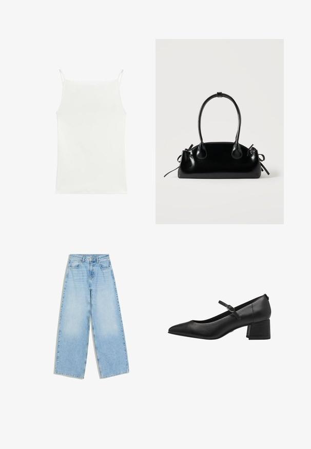 Wit mouwloos tanktopje met dunne schouderbandjes en een rechte halslijn, plat weergegeven op een witte achtergrond.; Lichtblauwe jeans met wijde pijpen, voor- en achterzakken, knoopsluiting en riemlussen, plat neergelegd op een witte achtergrond.; Zwarte leren low-heeled pump met een spitse neus, enkelbandje en een gestructureerde afwerking. Eenvoudig ontwerp met een stevige blokhak.; Kleine zwarte glanzende handtas met twee lange hengsels en zijkant trekkoord details op een effen lichte achtergrond.