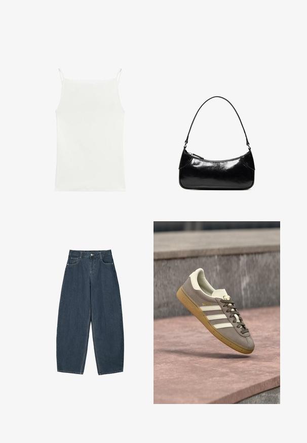 Hvid ærmeløs tanktop med tynde skulderstropper og en lige halsudskæring, vist fladt på en hvid baggrund.; Mørkeblå denim buede bukser med høj talje, som har fem lommer og synlige stingdetaljer. Ren, minimalistik design.; Lysebrun ruskinds Adidas-sneaker med hvide striber og gummisål, svævende over lyserøde stentrapper udendørs.; Sort, blank skuldertaske i læder med et enkelt rum med lynlås og en tynd rem buet i en bueform.