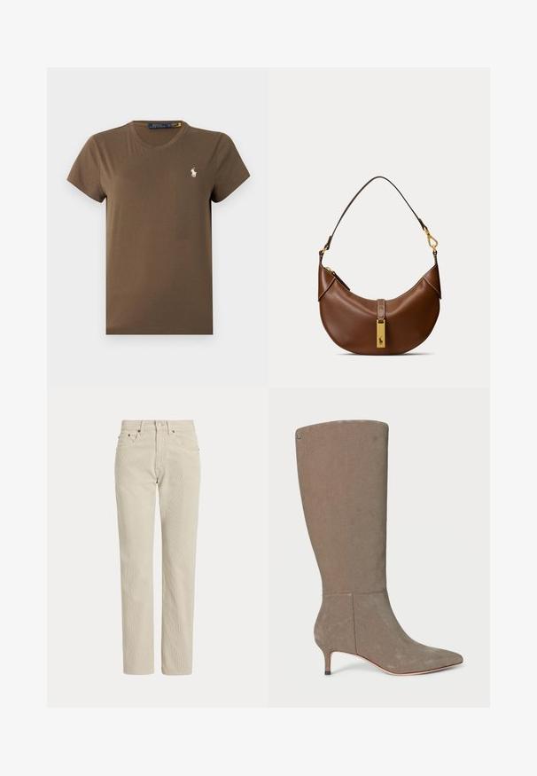 T-shirt en coton marron avec un col rond classique, des manches courtes et un petit logo blanc sur la poitrine. Texture lisse, coupe régulière.; Pantalon en velours côtelé beige droit avec passants de ceinture, bouton à l'avant, fermeture éclair et poches avant.; Botte en suède grise, hauteur genou, à bout pointu et à petit talon, présentant un design épuré et un subtil detail de couture verticale.; Sac à main en cuir marron en forme de croissant avec une seule bandoulière et une étiquette rectangulaire dorée comportant un logo de cheval.