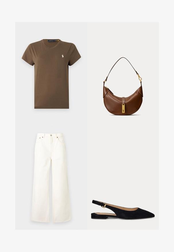 T-shirt en coton marron avec un col rond classique, des manches courtes et un petit logo blanc sur la poitrine. Texture lisse, coupe régulière.; Jean blanc taille haute à jambes larges, avec bouton et fermeture éclair à l'avant, design cinq poches et détails en rivets en cuivre.; Chaussure plate slingback en daim noir à bout pointu, avec un petit talon et une bride réglable avec boucle dorée.; Sac à main en cuir marron en forme de croissant avec une seule bandoulière et une étiquette rectangulaire dorée comportant un logo de cheval.