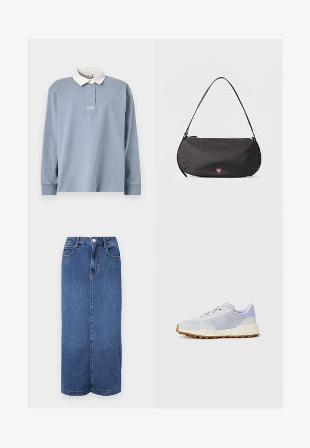 Lichtblauw poloshirt met lange mouwen en een contrasterende witte kraag, voorzien van een subtiele knoopsluiting aan de voorkant en een klein label bij de halslijn.; Denim maxi rok in donkerblauw, met een rechte snit, een tailleband met knoopsluiting en minimale stikdetails.; Lichtgrijze sport schoenen met een bovenwerk van mesh en synthetisch materiaal, witte accenten, paarse hiel details en een gestructureerde beigekleurige rubberen zool.; Zwarte schoudertas met een gebogen vorm, ritssluiting, slank handvat en klein rood hartlogo met de tekst "HUGO" in het midden aan de voorkant.