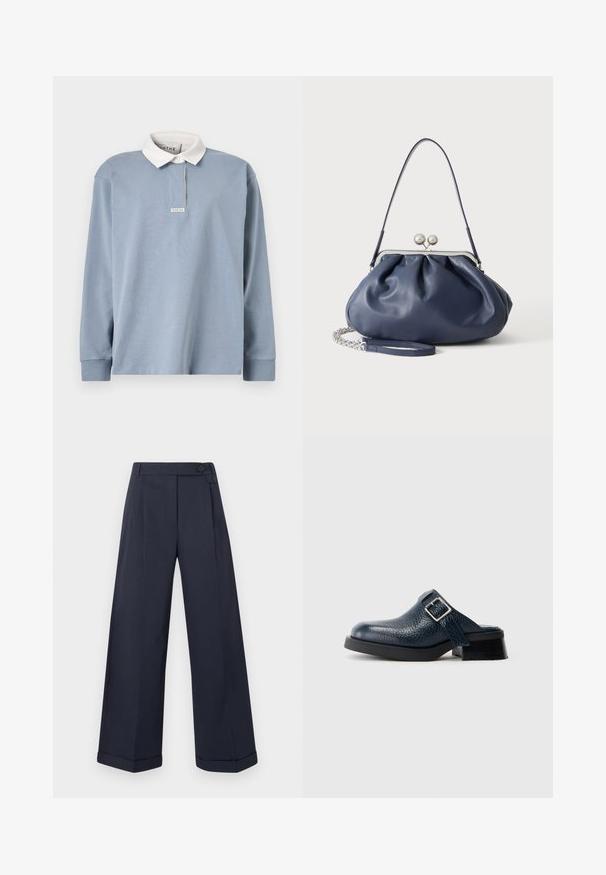Polo à manches longues bleu clair avec un col blanc contrastant, présentant une patte de boutonnage discrète à l'avant et une petite étiquette au niveau de l'encolure.; Pantalon large bleu marine avec ourlets retournés, taille haute, boutons latéraux et plis à l'avant.; Sabot en cuir bleu marine avec une finition texturée, présentant une sangle latérale et une boucle en argent, reposant sur un petit talon noir avec une semelle robuste.; Sac à main en cuir bleu marine doux avec fermeture à boucle argentée, une seule bandoulière, et une chaîne de poignet amovible sur fond blanc.