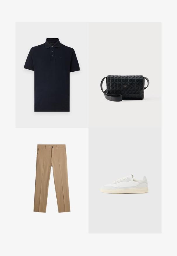 Zwart poloshirt met korte mouwen, kraag, drie knopen en een subtiel merkembleem op de linkerborst.; Beige broeken van textuurstof met een ontspannen pasvorm. Voorzien van een voorste knoopsluiting, zijzakken en geen zichtbare patronen.; Witte sneaker met een bovenwerk van gestructureerd suède en leer. Voorzien van een afgeronde neus, vetersluiting en een contrasterende beige rubberen zool.; Zwarte crossbodytas met een gestructureerd oppervlak, een klepsluiting en een klein metalen logo aan de voorkant, afgebeeld tegen een effen achtergrond.