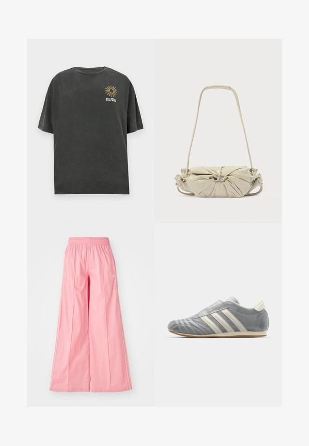 Mørkegrå bomulds t-shirt, oversized pasform, korte ærmer, rund halsudskæring, prydet med en solgrafik og teksten "BILLABONG" i gyldent broderi.; Lyserøde brede bukser lavet af let materiale, med elastisk talje og diskrete hvide side striber. Lille logo på fronten.; adidas Originals TAEKWONDO W - Sneakers - silver metallic/off white; Beige skuldertaske i læder med samlet design og sølv spænde, der har en lang rem og polstret håndtag.