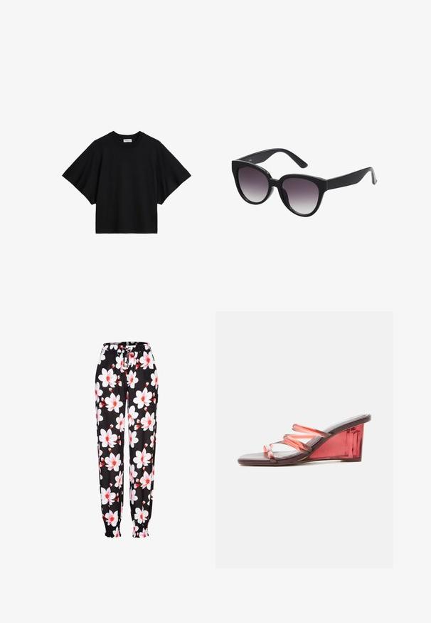 Zwart oversized T-shirt met korte mouwen, ronde hals en relaxte pasvorm, plat weergegeven op een witte achtergrond.; Zwarte stoffen broek met een witte en rode bloemenprint, elastische tailleband met trekkoord en geraffineerde manchetten. Lichtgewicht materiaal.; Open-toe sandalen met hak en een doorschijnende rode sleehak en drie dunne, gebogen doorschijnende rode bandjes over de voet.; Zwarte cat-eye zonnebril met grijs verlooplenzen. Dikke, glanzende kunststof montuur en taps toelopende armen. Geen zichtbare merknaam of versieringen.