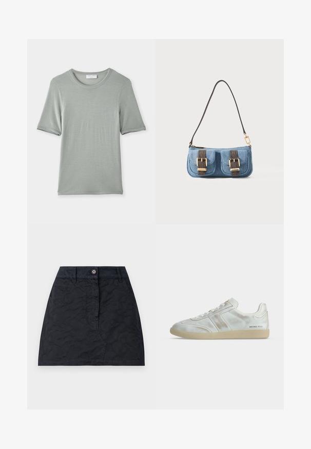 T-shirt à manches courtes et col rond en gris clair, fabriqué en tissu doux avec une texture lisse et des coutures subtiles sur les manches et le col.; Jupe noire à motif texturé, dotée d'une fermeture à boutons sur le devant, de deux poches et d'une coupe ajustée. Fabriquée en tissu durable.; Baskets basses blanches avec semelle beige, fermeture à lacets sur le devant, petits plis subtils et logo "MICHAEL KORS" près du talon côté extérieur.; Petit sac à épaule en denim bleu avec deux poches avant sécurisées par des sangles marron foncé et des boucles dorées, et une fine anse marron foncé.