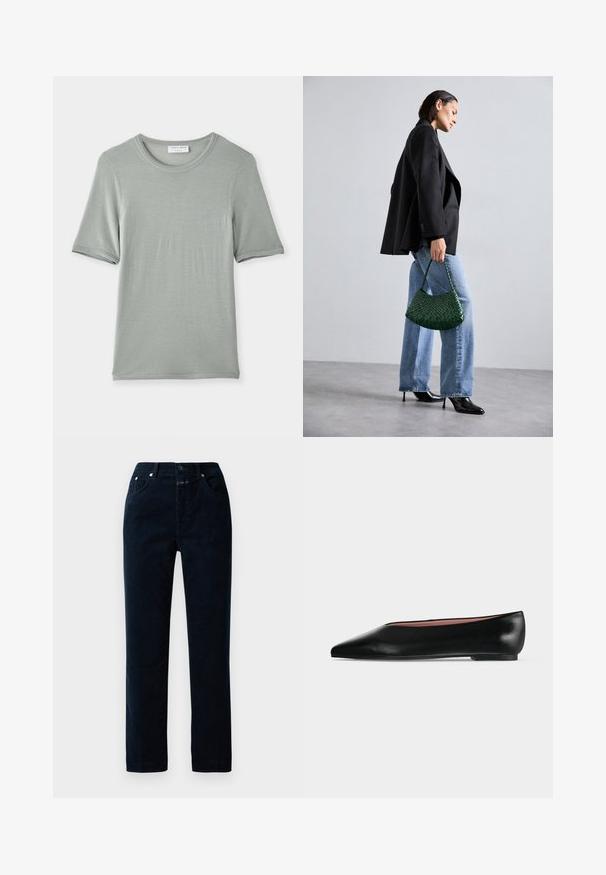 Camiseta de manga corta y cuello redondo en gris claro, hecha de una tela suave con una textura lisa y costuras sutiles en las mangas y el cuello.; Pantalones de pana en color navy con un diseño de pierna recta, que cuentan con bolsillos frontales, cremallera y detalles de botón metálico en la cinturilla.; Zapato plano negro de cuero para mujer con punta puntiaguda y tacón bajo, mostrado de lado sobre un fondo liso gris claro.; DRAGON DIFFUSION ROSANNA - Bolso de mano - forest