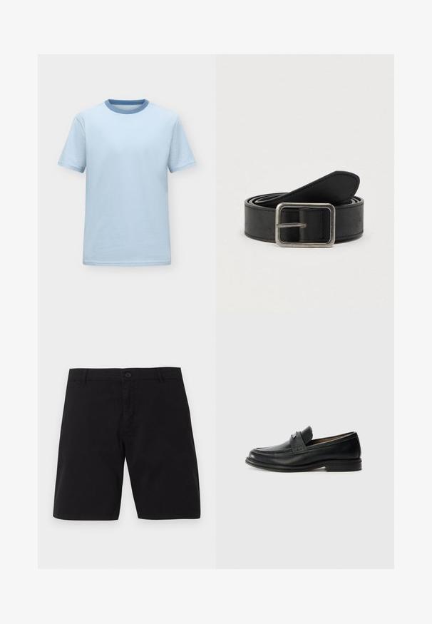 T-shirt bleu clair à manches courtes avec un col rond bleu légèrement plus foncé, présenté sur un fond neutre uni.; Shorts décontractés noirs avec fermeture par bouton, passants pour ceinture et design simple, présentés sur un fond uni.; Mocassins en cuir noir avec une finition lisse, dotés d'une bande supérieure texturée, d'un talon bas et de détails de couture minimalistes.; Ceinture en cuir noir avec une boucle en métal argenté, présentant une texture lisse et un design simple et classique.