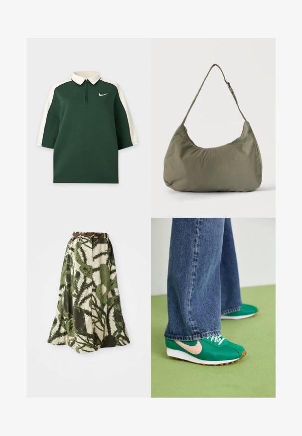 Mørkegrøn kortærmet polo med hvid krave og hvid stribe langs skuldrene, med et lille hvidt Nike-logo på brystet.; Lang nederdel med kaktusprint i nuancer af grøn og creme, med en sammenpresset talje og et brunt bælte til lukning.; Grønne atletiske sko med pink swoosh, snørebånd-design, tekstureret stof og hvide gummisåler. Kombineret med brede blå denimbukser.; Skuldertaske i blødt olivengrønt stof med lynlås og justerbar rem på ensfarvet, lyst baggrund.
