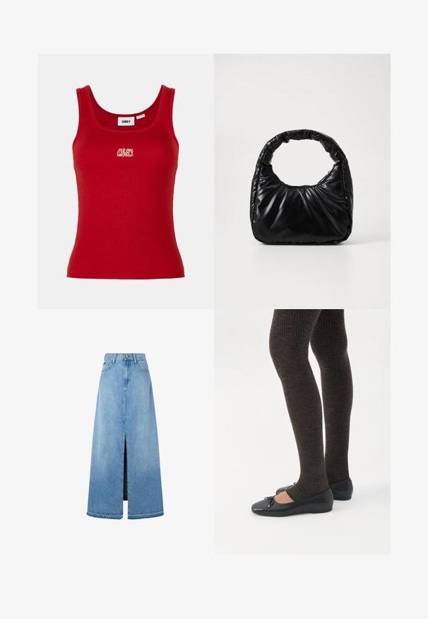 Rode geribbelde tanktop met een ronde halslijn en brede schouderbanden, met een geborduurd "OBEY" logo in het wit in het midden vooraan.; Lichtblauwe denim maxi rok met een voorin gespleten stijl, typische A-lijn vorm, afgewerkt zoom en klassiek vijfzakken ontwerp. Knoopsluiting bij de taille.; Benen met donkere geribbelde leggings gecombineerd met zwarte ballerina's met kleine strikdetails op een witte achtergrond.; Zwarte gevoerde handtas met een ronde handgreep, met een gladde, glanzende oppervlakte en een zachte, gewatteerde textuur. Geen zichtbare metalen onderdelen of accenten.