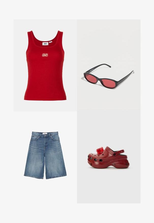 Débardeur rouge à côtes avec un col rond et des bretelles larges, arborant un logo "OBEY" brodé en blanc au centre devant.; Shorts bleu denim longueur genou avec poches avant, passants pour ceinture et détails délavés en forme de moustaches sur fond blanc.; Sabot en plastique rouge avec des trous de ventilation, un talon surélevé et une décoration florale sur le dessus. Présente une sangle à l'arrière et des bords texturés.; Lunettes de soleil ovales noires avec des branches fines et des verres teintés rouges posées sur une surface blanche.