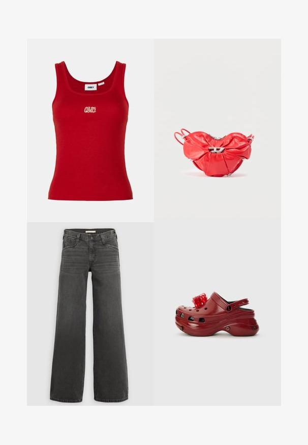 Rød ribbet tanktop med rund udskæring og brede stropper, med et broderet "OBEY" logo i hvidt på forsiden i midten.; Vidbenede denimjeans i mørkegrå, med struktureret talje med bæltestropper, fem-lomme design og subtil falming på stoffet.; Rød plastikklip med ventilationshuller, hævet hæl og en blomsterdekoration ovenpå. Har en bagrem og teksturerede sider.; Rød læderhåndtaske med hjerteform, samlet design, sølvlynlås og en fremtrædende metal logoaccent foran.