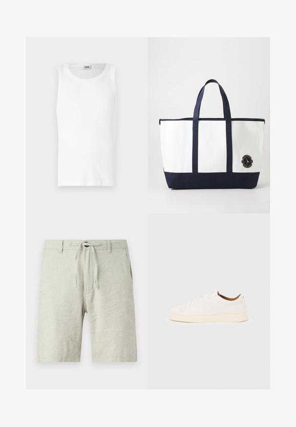 Camiseta sin mangas de algodón blanco con cuello redondo y una textura suave. Diseño sencillo, sin patrones ni acentos.; Pantalones cortos de lino gris claro con cintura elástica y cordón, bolsillos laterales y un ajuste relajado. Tejido texturizado con ligero brillo.; Zapatilla blanca de corte bajo con diseño de cordones, detalles mínimos de costuras y suela color crema sobre un fondo gris claro.; Bolso tote hecho de lona blanca con acentos en azul marino. Presenta dos asas resistentes y un parche de logo en la parte frontal. Forma rectangular.