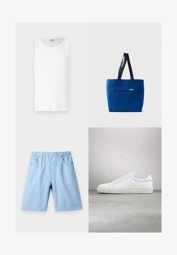 Hvid bomulds tanktop uden ærmer med rund halsudskæring og en glat tekstur. Enkel design, ingen mønstre eller accenter.; Lyseblå shorts med elastisk talje, to frontlommer og en glat tekstur. Fremstillet af et blødt stof, velegnet til afslappet brug.; Hvide sneakers med en glat læderoverdel og lav profil. Har en rund tå, seks snørehuller og en tekstureret gummisål.; Blå lærredstaske med lynlåslomme foran, dobbelte skulderremme og rektangulær form. Har en diskret mærkeetiket.