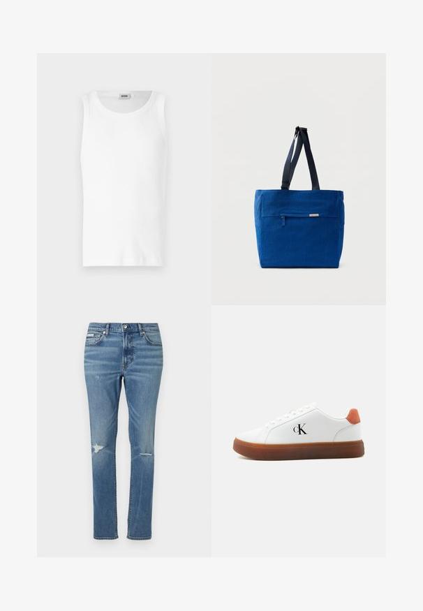 Débardeur en coton blanc sans manches avec un col rond et une texture lisse. Design simple, sans motifs ni accents.; Jeans en denim bleu clair à coupe droite, avec des détails usés aux genoux et un style classique à cinq poches.; Baskets basses blanches avec semelle marron, languette orange au talon, lacets et logo "cK" sur le côté.; Sac fourre-tout en toile bleue avec une poche zippée à l'avant, des doubles bretelles et une forme rectangulaire. Dispose d'une étiquette de marque discrète.