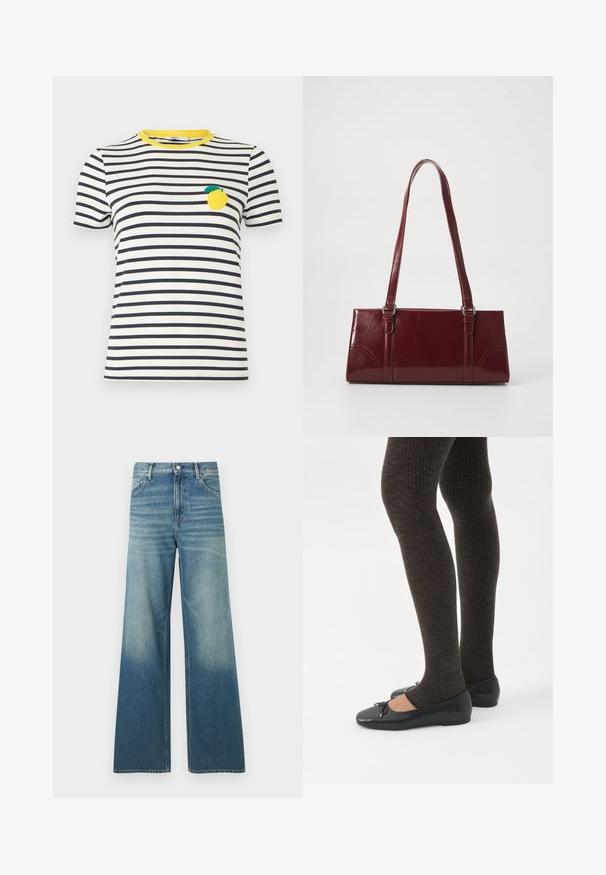 T-shirt à manches courtes à rayures horizontales blanches et noires avec un col jaune et un écusson en forme de citron sur le côté gauche de la poitrine.; Jean en denim bleu taille haute avec une coupe large, poches avant, fermeture par boutons et détails délavés sur les cuisses et le bas des jambes.; Jambes portant des leggings côtelés foncés associés à des ballerines noires avec de petits détails en nœud sur fond blanc.; Sac à main bordeaux en matériau brillant, de forme rectangulaire, avec deux anses et des accents légèrement courbés à l'avant.
