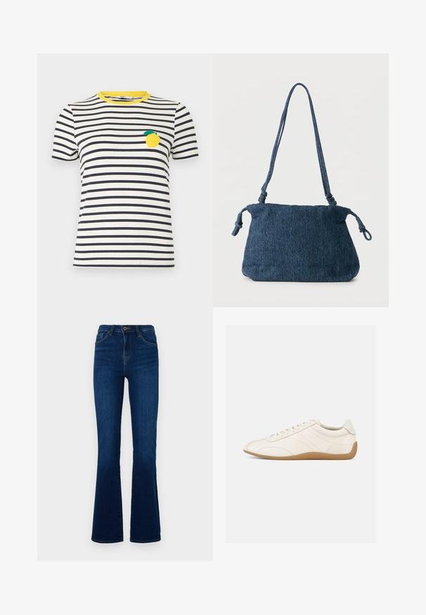 Weißes und schwarzes kurzärmeliges T-Shirt mit horizontalen Streifen, gelbem Ausschnitt und Zitronen-Patch auf der linken Brust.; Dunkelblaue ausgestellte Jeans aus Denim mit hoher Taille, versehen mit Fronttaschen, einem Reißverschluss und subtilen Stickdetails.; Weißer Ledersneaker mit glatter Textur, abgerundetem Zehenbereich und tonalen Nähten. Verfügt über eine braune Gummisohle und eine Schnürverschluss.; Dunkelblaue Denim-Schultertasche mit verknoteten Trägerenden und schlichter rechteckiger Form vor weißem Hintergrund.
