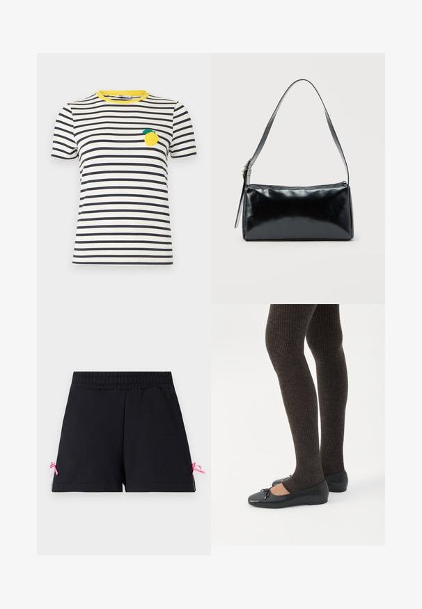 T-shirt à manches courtes à rayures horizontales blanches et noires avec un col jaune et un écusson en forme de citron sur le côté gauche de la poitrine.; Shorts noirs avec ceinture élastique, ourlet droit et petits nœuds en ruban rose de chaque côté près des bords inférieurs.; Jambes portant des leggings côtelés foncés associés à des ballerines noires avec de petits détails en nœud sur fond blanc.; Sac d'épaule rectangulaire noir avec une sangle réglable unique et une fermeture éclair supérieure sur un fond uni.