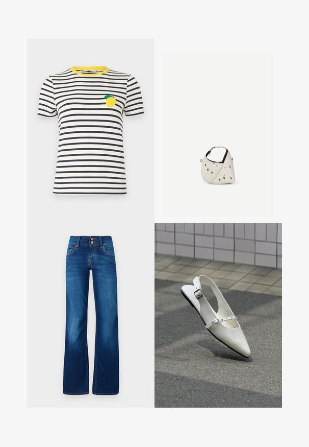Camiseta de manga corta con rayas horizontales blancas y negras, cuello amarillo y parche de limón en el pecho izquierdo.; Jeans de pernera ancha en denim azul, con dos botones frontales, costuras naranjas y una textura suave. Diseño clásico de cinco bolsillos.; Zapato plano blanco con punta puntiaguda y diseño slingback con dos hebillas plateadas, mostrado al aire libre sobre un suelo texturizado y fondo de pared con azulejos.; Pequeño bolso blanco con manchas marrones, forma triangular redondeada, forro interior negro y correa corta ajustable con hebilla plateada.