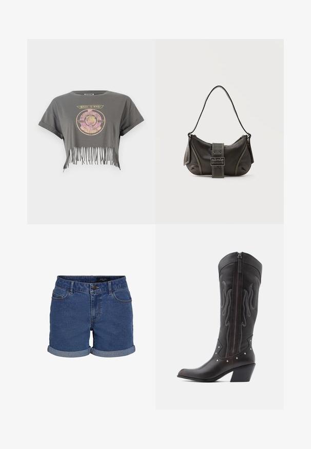 Grijze cropped t-shirt met korte mouwen, voorzien van een leeuwengrafiek en de tekst "RACE TO WIN", afgewerkt met een franjerand. Zacht katoenmateriaal.; Denim shorts in donkerblauw met een klassieke snit. Beschikt over opgerolde zomen, twee voorzakken en een knoopsluiting. Glad textuur.; Bruine leren cowboylaarzen met vlamstiksels, zijrits, zilveren studs, spits toelopende neus en gestapelde hak.; Zwarte leren schoudertas met gespsluiting aan de riem, afgeronde hoeken en contrasterende witte stiksels op een effen achtergrond.