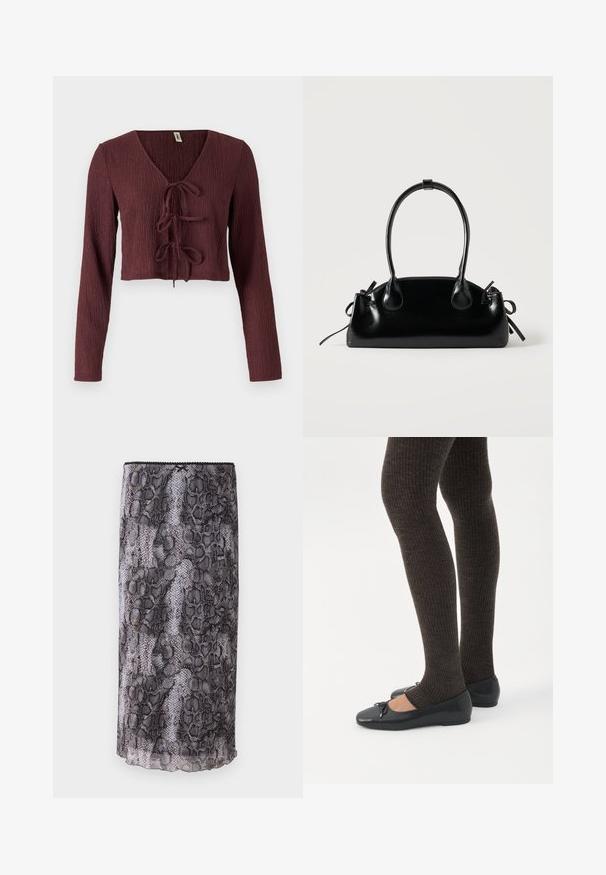 Bordeaux, langekleurige cropped top van gestructureerde stof met een diepe V-hals en strikdetail aan de voorkant. Heeft een slim fit ontwerp.; Zwart en grijs slangenprint pencil skirt met een sheer, textuurstof. Kenmerkt zich door een scalloped zoom en details aan de bovenrand.; Benen met donkere geribbelde leggings gecombineerd met zwarte ballerina's met kleine strikdetails op een witte achtergrond.; Kleine zwarte glanzende handtas met twee lange hengsels en zijkant trekkoord details op een effen lichte achtergrond.