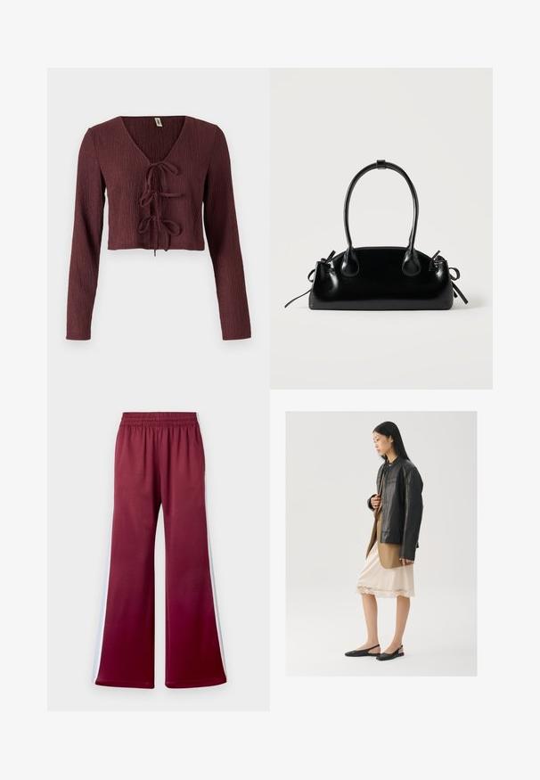 Bordeauxfarbene, langärmlige Cropped-Bluse aus strukturiertem Stoff mit tiefem V-Ausschnitt und Bindeband vorne. Besitzt ein tailliertes Design.; Bordeauxfarbene, lässige Hose mit elastischem Bund, die über weiße Seitenstreifen und eine glatte Stoffoberfläche verfügt. Weit geschnittenes Design.; Schwarze Lederjacke über einem braunen Oberteil, kombiniert mit einem hellen cremefarbenen Slip-Kleid mit Spitzenbesatz und schwarzen Slingback-Schuhen.; Kleine schwarze glänzende Handtasche mit zwei langen Griffen und seitlichen Kordelzug-Details vor einfachem hellem Hintergrund.