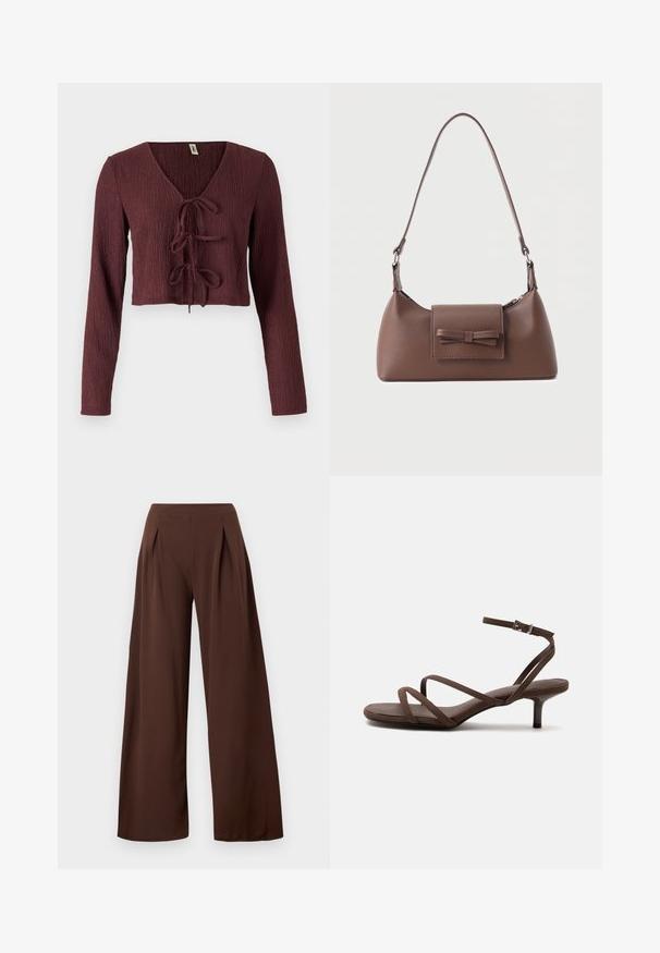 Top court à manches longues bordeaux en tissu texturé avec un décolleté en V profond et un détail à nouer à l'avant. Présente une coupe ajustée.; Pantalons à larges jambes en tissu marron foncé, avec une taille haute, des plis avant et une texture lisse. Convient pour diverses occasions.; Sandale marron à talons hauts avec fines lanières croisées et bride de cheville avec boucle argentée sur fond blanc.; Sac à bandoulière en cuir marron avec une poche à rabat avant ornée d'un détail en forme de nœud cousu et une sangle réglable.