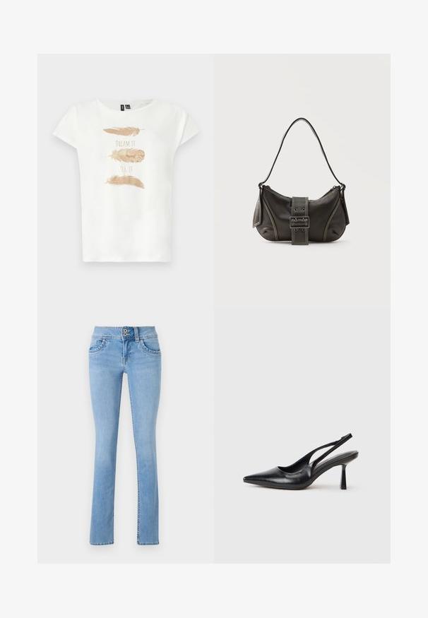 Biele tričko s krátkym rukávom so tromi zlatými pierkami a nápisom „DREAM IT“ a „WISH IT“ vytlačeným na prednej strane.; Svetlomodré denim džíny so Slim fit strihom, s gombíkovým zapínaním, prednými vreckami a mierne vyblednutou textúrou. Rovný strih nohavíc.; Čierna kožená sandálová vysoká topánka s špicatou špičkou a štíhlým podpätkom na bielom pozadí.; Čierna kožená kabelka cez rameno s detailom prackového popruhu, zaoblenými okrajmi a kontrastným bielym prešívaním na jednoduchom pozadí.