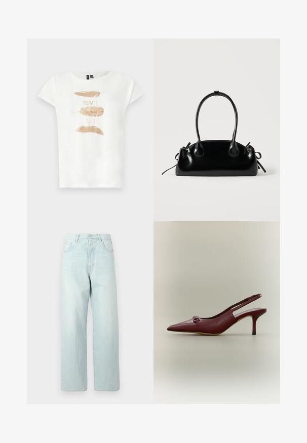 T-shirt blanc à manches courtes avec trois plumes dorées et le texte "RÊVE-LE" et "DÉSIRE-LE" imprimés sur le devant.; Jean large en denim bleu clair à taille haute, doté de cinq poches, d'une fermeture par bouton et d'un léger délavage.; Chaussure à talon haut slingback en cuir rouge foncé avec bout pointu et petit nœud décoratif à l'avant, vue de profil sur fond neutre.; Petit sac à main noir brillant avec deux longues anses et des détails à cordon sur les côtés sur un fond clair uni.