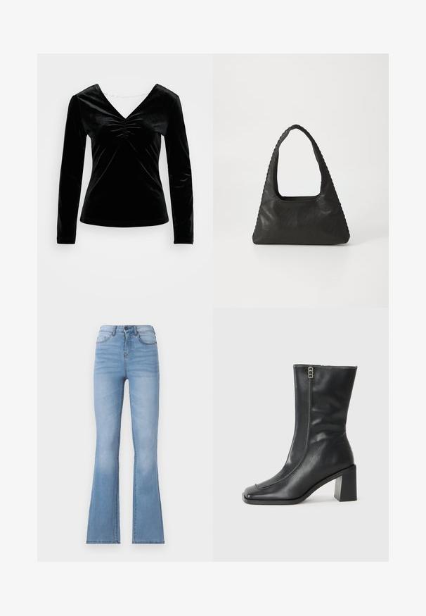 Haut en velours noir à manches longues avec décolleté en V et détail froncé au niveau de la poitrine. Texture douce, design ajusté et finition lisse.; Jeans en denim bleu clair taille haute évasés, avec poches avant, une étiquette en papier et des coutures le long des coutures.; Bottine en cuir noir avec un bout carré, fermeture éclair sur le côté et un talon épais et carré. Présente des coutures contrastées le long de la couture avant.; Sac à main en cuir noir de forme triangulaire, avec une grande poignée découpée et des coutures détaillées le long des bords. Texture lisse.