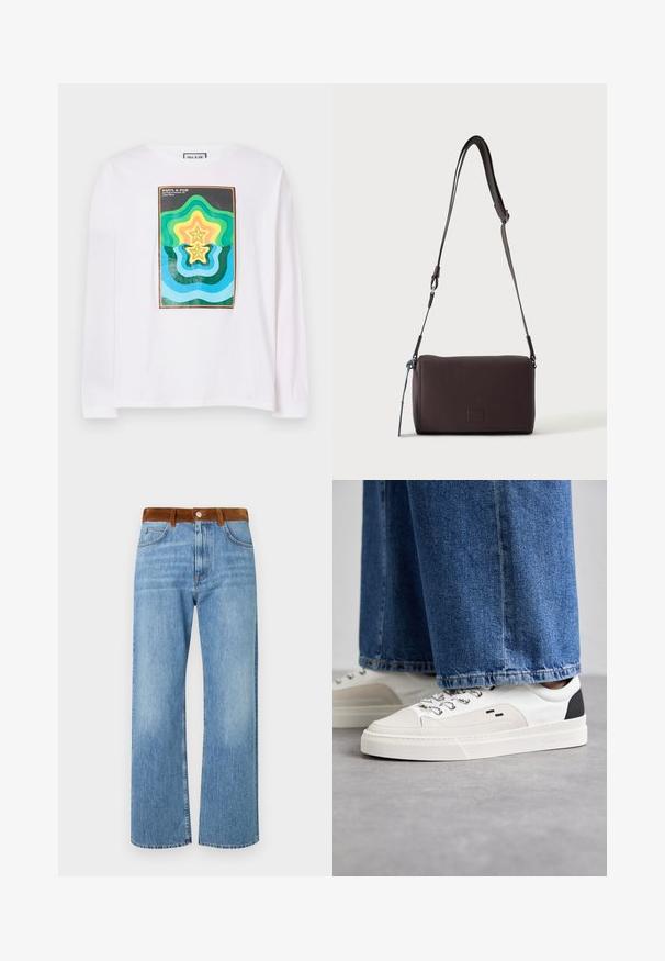 T-shirt à manches longues blanc avec un imprimé géométrique coloré comprenant des formes d'étoiles superposées en vert, jaune et bleu, encadrées par une bordure sombre.; Jeans en denim bleu clair avec une coupe droite, dotés d'une taille en suède marron, de poches avant et d'une fermeture éclair.; Baskets blanches et noires avec une tige en cuir lisse, des accents texturés et une semelle épaisse blanche. Présentent un design classique à lacets.; Sac bandoulière en cuir marron foncé texturé avec une sangle réglable et un petit accent décoratif bleu sur le côté.
