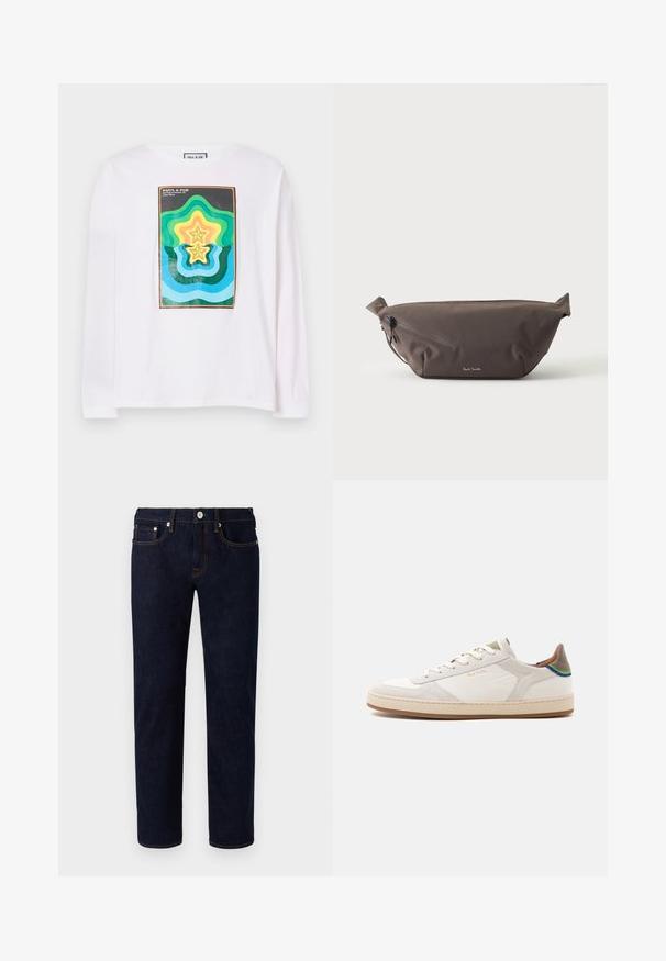 Camiseta blanca de manga larga con un estampado geométrico colorido que presenta formas de estrellas superpuestas en verde, amarillo y azul, enmarcadas por un borde oscuro.; Vaqueros de mezclilla azul oscuro con diseño de pierna recta, con costuras naranjas, cinco bolsillos y un cierre frontal con botón.; Zapatilla blanca de perfil bajo con suela beige, cordones delanteros, detalle en verde y azul en el talón, y sutil logo dorado "Paul Smith" en el lateral.; Riñonera de tela marrón oscuro con bolsillo diagonal con cremallera y pequeño logo blanco en el frontal, sobre un fondo liso y claro.