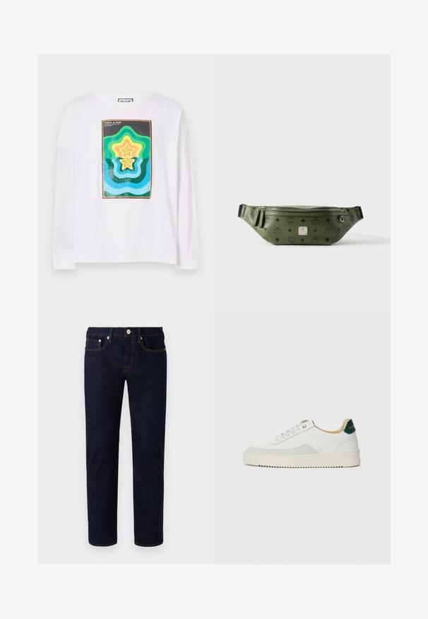 Camiseta blanca de manga larga con un estampado geométrico colorido que presenta formas de estrellas superpuestas en verde, amarillo y azul, enmarcadas por un borde oscuro.; Vaqueros de mezclilla azul oscuro con diseño de pierna recta, con costuras naranjas, cinco bolsillos y un cierre frontal con botón.; Zapatilla blanca con acentos de ante, puntera redondeada, cordones planos y suela de goma color crema. Presenta un logo verde en el talón.; Bolsa de cintura de cuero texturizado verde oliva con logotipos negros, cremallera plateada, tiradores dobles y placa central de marca en plata.