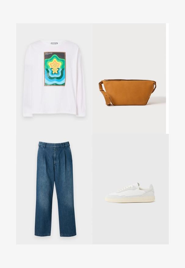 T-shirt à manches longues blanc avec un imprimé géométrique coloré comprenant des formes d'étoiles superposées en vert, jaune et bleu, encadrées par une bordure sombre.; Pantalons en denim bleu avec un design à jambes droites, dotés d'une taille haute, de plis à l'avant et d'une fermeture à bouton classique. Texture lisse.; Baskets blanches avec dessus en daim et cuir texturé. Caractérisées par un bout arrondi, une fermeture à lacets et une semelle en caoutchouc beige contrastante.; Sac bandoulière en cuir marron clair avec sangle réglable et fermeture éclair, présenté sur un fond clair uni.