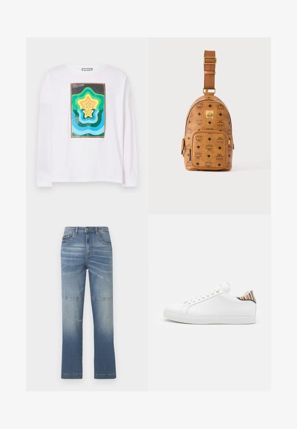 Valge pikakä sleeves t-särk, millel on värviline geomeetriline print, kus on kihilised tähekujud rohelises, kollases ja sinises, tumeda äärisega raamitud.; Heledad sinine denim teksad sirge sääre disainiga, millel on pleekinud kohad, õmblusdetailid ja keskmine talje. Sisaldab esikotte.; Valge nahkne toss, millel on sile viimistlus, värviline triibuline aktsent kandadel, kuldne aasa ja lame valge tallaga.; Väike helepruun nahast õlakott reguleeritava rihmaga, esikülje tõmblukuga tasku ja korduva musta MCM logo mustriga.