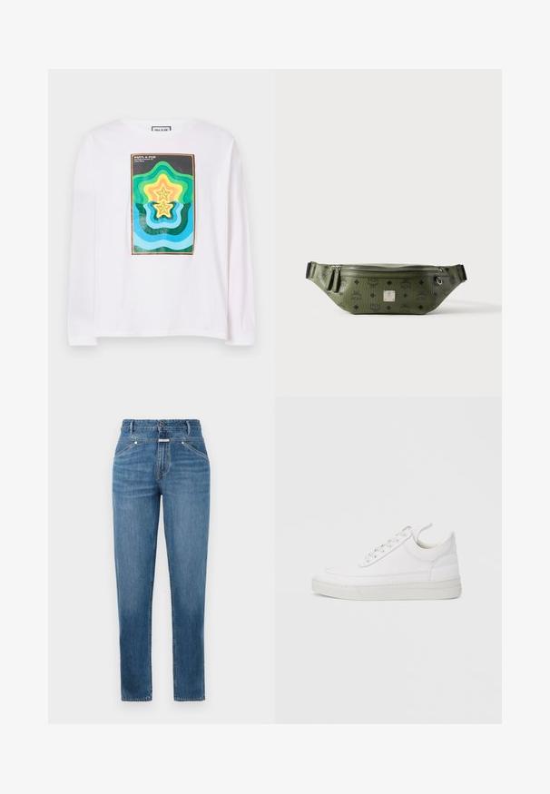 Hvid langærmet t-shirt med et farverigt geometrisk print bestående af lagdelte stjernetyper i grøn, gul og blå, indrammet af en mørk kant.; Blå, højtaljede straight-leg jeans med frontlommer, bæltestropper, knaplukning og subtile falmningdetaljer.; Hvid lædersneaker med rundet tå, flad sål og snørebånd foran. Har syningsdetaljer og polstret krave for komfort.; Olivengrøn tekstureret læder talletaske med sorte logoer, sølv lynlås, dobbelt lynlåstræk og central sølv brandplade.