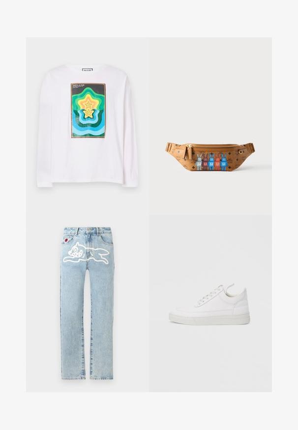 Witte lange mouwen t-shirt met een kleurrijke geometrische print met gelaagde stervormen in groen, geel en blauw, omrand door een donkere rand.; Icecream RUNNING DOG PANT - Straight leg jeans - heavy wash blue; Witte leren sneaker met een afgeronde neus, platte zool en veters aan de voorkant. Voorzien van stikseldetails en een gevoerde kraag voor comfort.; Bruine leren heuptas met ritssluiting. Voorzien van vier kleurrijke konijntjesontwerpen aan de voorkant, met MCM-logo patronen overal.