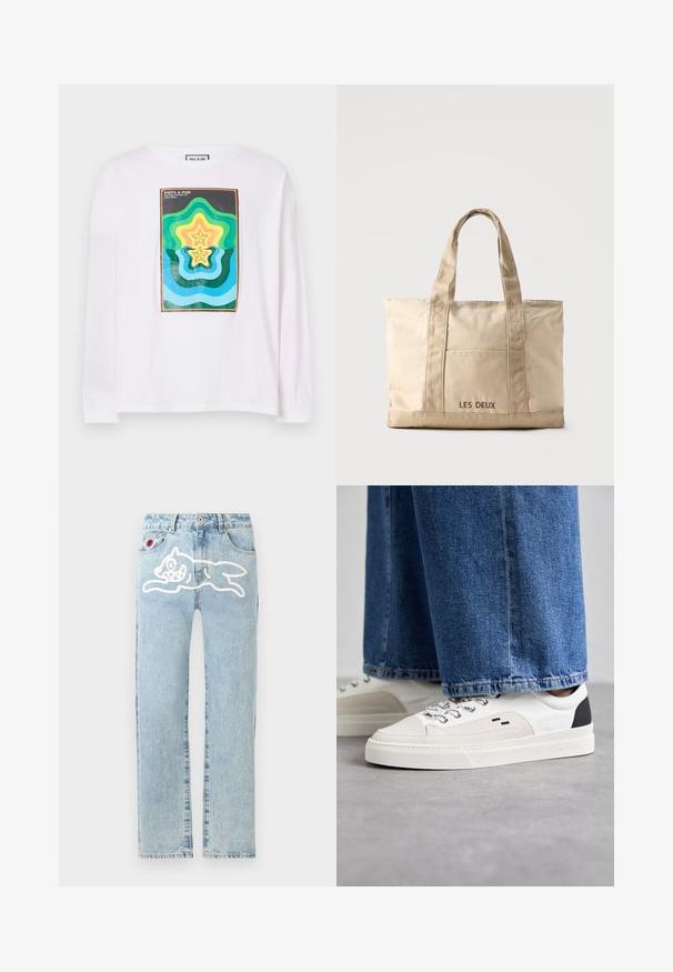 Hvid langærmet t-shirt med et farverigt geometrisk print bestående af lagdelte stjernetyper i grøn, gul og blå, indrammet af en mørk kant.; Icecream RUNNING DOG PANT - Jeans Straight Leg - heavy wash blue; Hvide og sorte sneakers med en glat læderoverdel, teksturerede detaljer og en kraftig hvid sål. Har et klassisk snørebåndsdesign.; Beige lærredstaske med to håndtag og en forlommer, "LES DEUX" broderet på lommen.