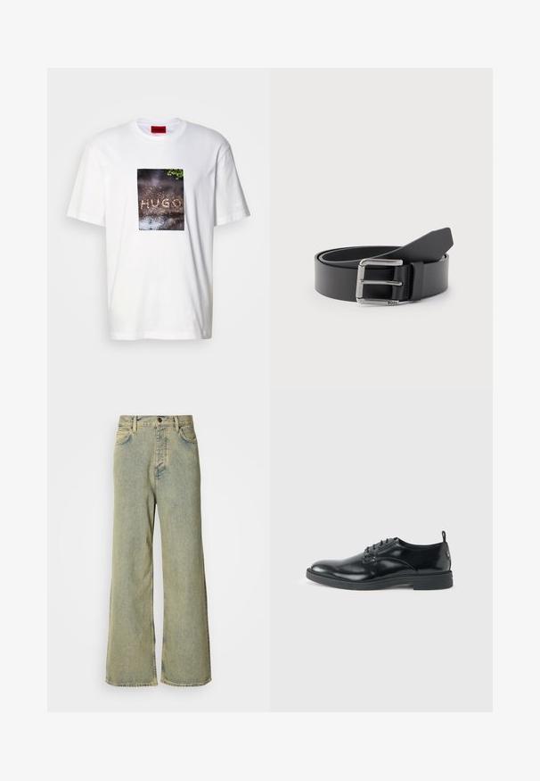 Weißes Baumwoll-T-Shirt mit einem rechteckigen Grafikdruck und dem Schriftzug "HUGO" auf einer strukturierten, dunklen Oberfläche, umgeben von Grünpflanzen.; Weite Jeans aus hellblauem Denim, mit hohem Bund, klassischem Five-Pocket-Design und Knopfverschluss vorne.; Glänzender schwarzer Lederschuh mit niedrigem Absatz, Schnürverschluss und runder Kappe, seitlich auf hellem, schlichten Hintergrund gezeigt.; Schwarzer Ledergürtel, zusammengerollt mit silberner rechteckiger Metallschnalle, auf der "BOSS" eingraviert ist, vor hellem grauem Hintergrund.