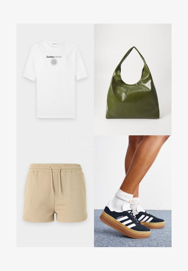 T-shirt en coton blanc avec manches courtes, col rond et un logo noir imprimé avec un graphique de soleil et le texte "Zodiacenergy".; Short beige en coton avec taille élastique et cordon à l’avant, conçu pour un usage décontracté.; Jambes portant des chaussettes blanches et des baskets Adidas Gazelle noires avec des bandes blanches et des semelles épaisses marron sur un sol recouvert de moquette grise.; Sac hobo en cuir vert au design décontracté, avec une poignée incurvée et une texture lisse. Ne contient aucun matériel ou accent visible.